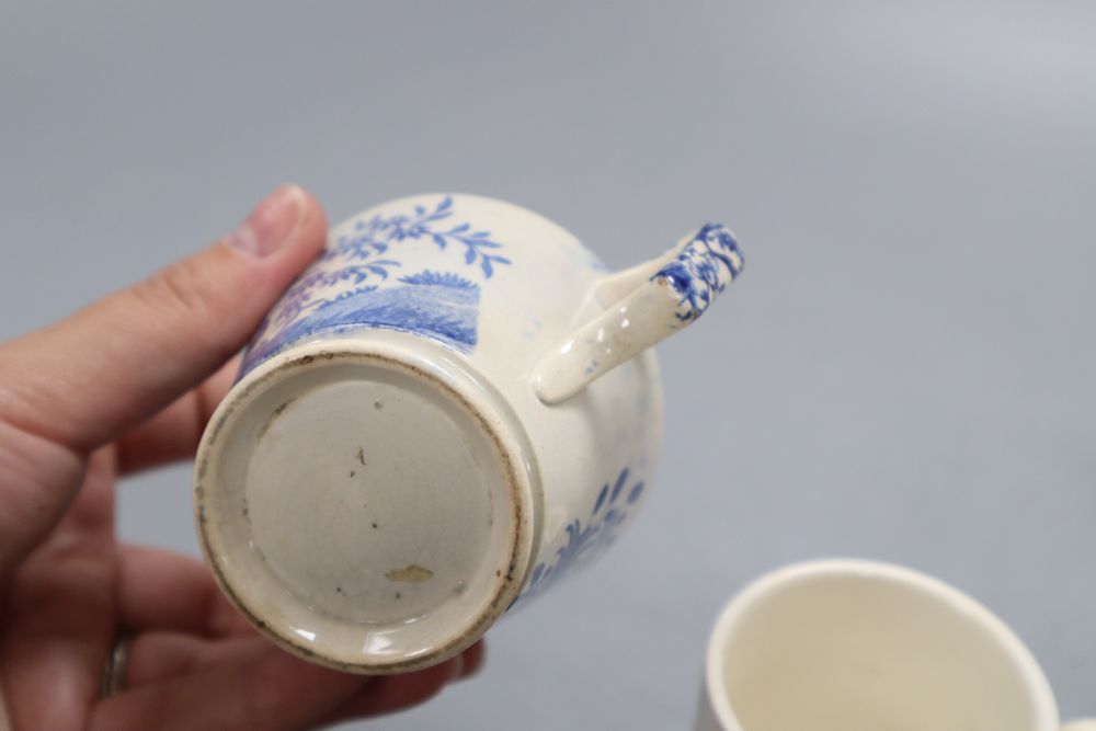 A Chinese blue and white tea cup, a novelty tea bowl and two other teacups